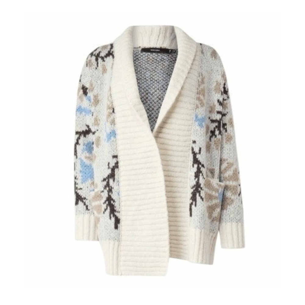 Vero Moda Floral‎ Print Open Front Cardigan Sweater Cream Brown Blue Knit M